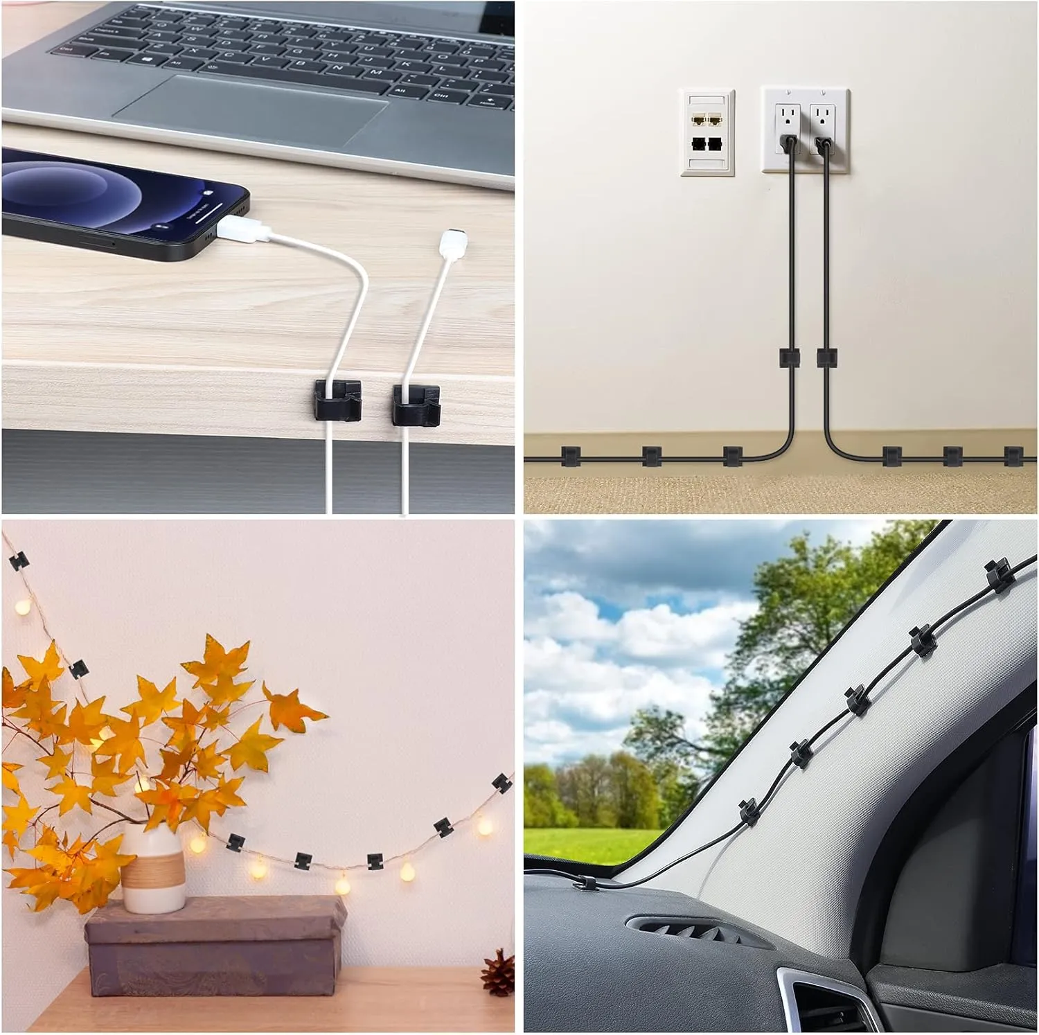 105 PCS Adhesive Cable Clips Black (Small & Large), Upgraded Wall Wire Holder for Cord Organizer Cable Management Under Desk, Outdoor Light Clips Hooks for LED, Car Dash Cam, HDMI, Extension Cord