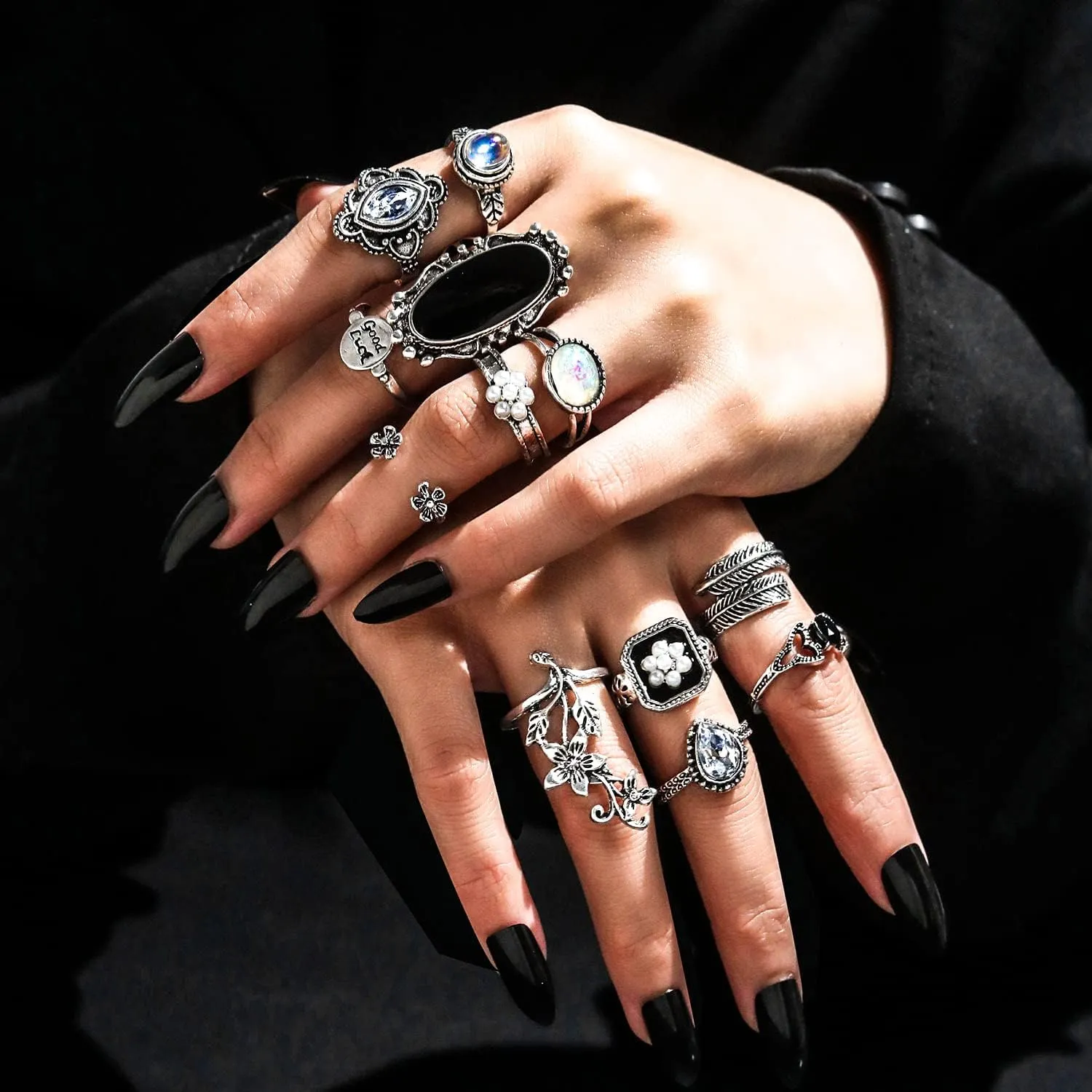 17IF Vintage Silver Knuckle Rings Set for Women Men, Chunky Rings Aesthetic Snake Grunge Stackable Gothic Ring Adjustable Y2K Punk Bulky Boho Finger Alt of Rings, Stacking Fairy Skull Frog Heart Star Flower Midi Ring Pack