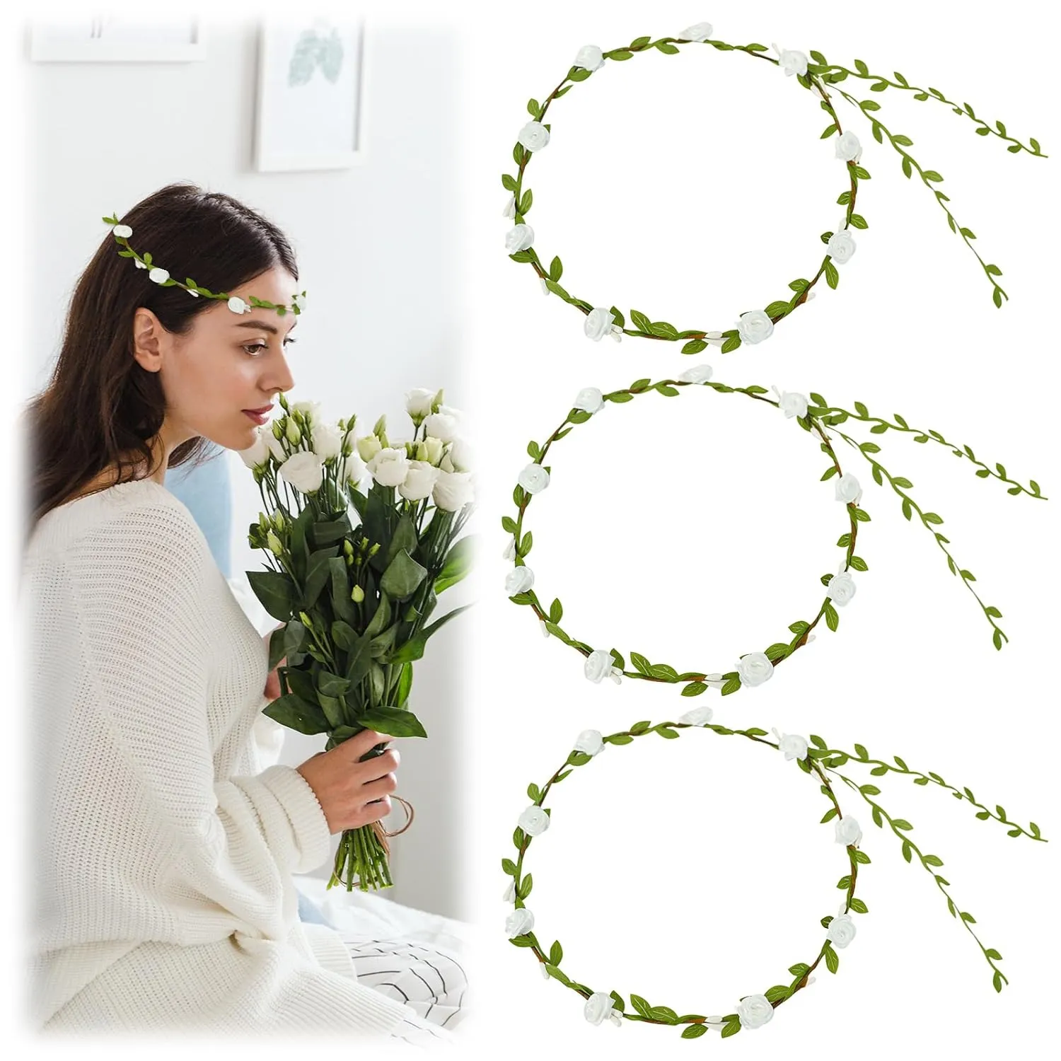 3 Pcs Flower Crown, White Flower Headband, Fairy Leaf Crown, Wreath Garland, Boho Flower Headbands for Women Girls, Floral Fairy Headpiece for Wedding, Rose Hair Wreath