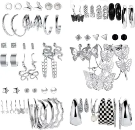 37 Pairs Silver Hoop Earrings Set for Women Multipack Fashion Drop Dangle Earring Packs Pearl Studs Butterfly Earrings Hypoallergenic Chunky Hoops Jewelry for Valentine's Day Gifts