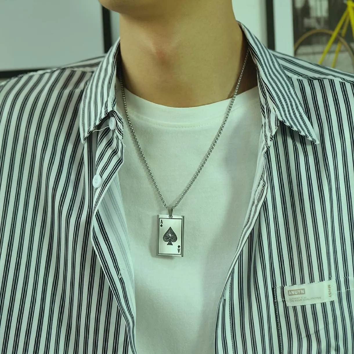 Ace Poker Pendant Necklace for Men, Hip Hop Spade Playing Card Necklace Stainless Steel Ace Spade Pendant Necklace for Men