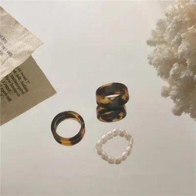 AOMU 3PCS/SET 2021 Korean Vintage Leopard Acetate Imitation Pearl Geometric Rings for Women Jewerly Ring Set