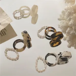 AOMU 3PCS/SET 2021 Korean Vintage Leopard Acetate Imitation Pearl Geometric Rings for Women Jewerly Ring Set