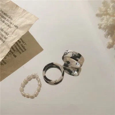 AOMU 3PCS/SET 2021 Korean Vintage Leopard Acetate Imitation Pearl Geometric Rings for Women Jewerly Ring Set