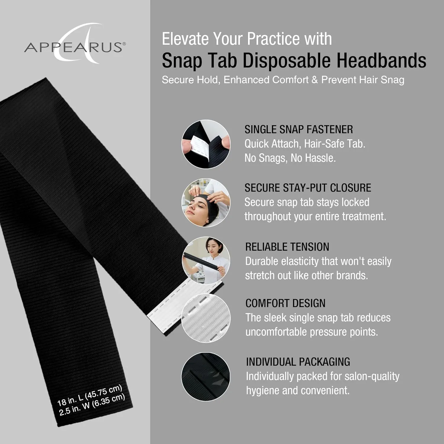 Appearus Professional Disposable Headbands with Single Snap Tab - 100 Pack Individually Wrapped Spa Headbands for Estheticians, Makeup Artists & Salon Professionals, Black