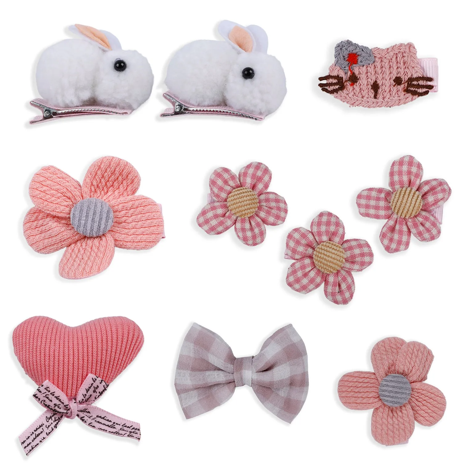 Aura Floral Hair Clips Set 9 Pcs - White, Pink