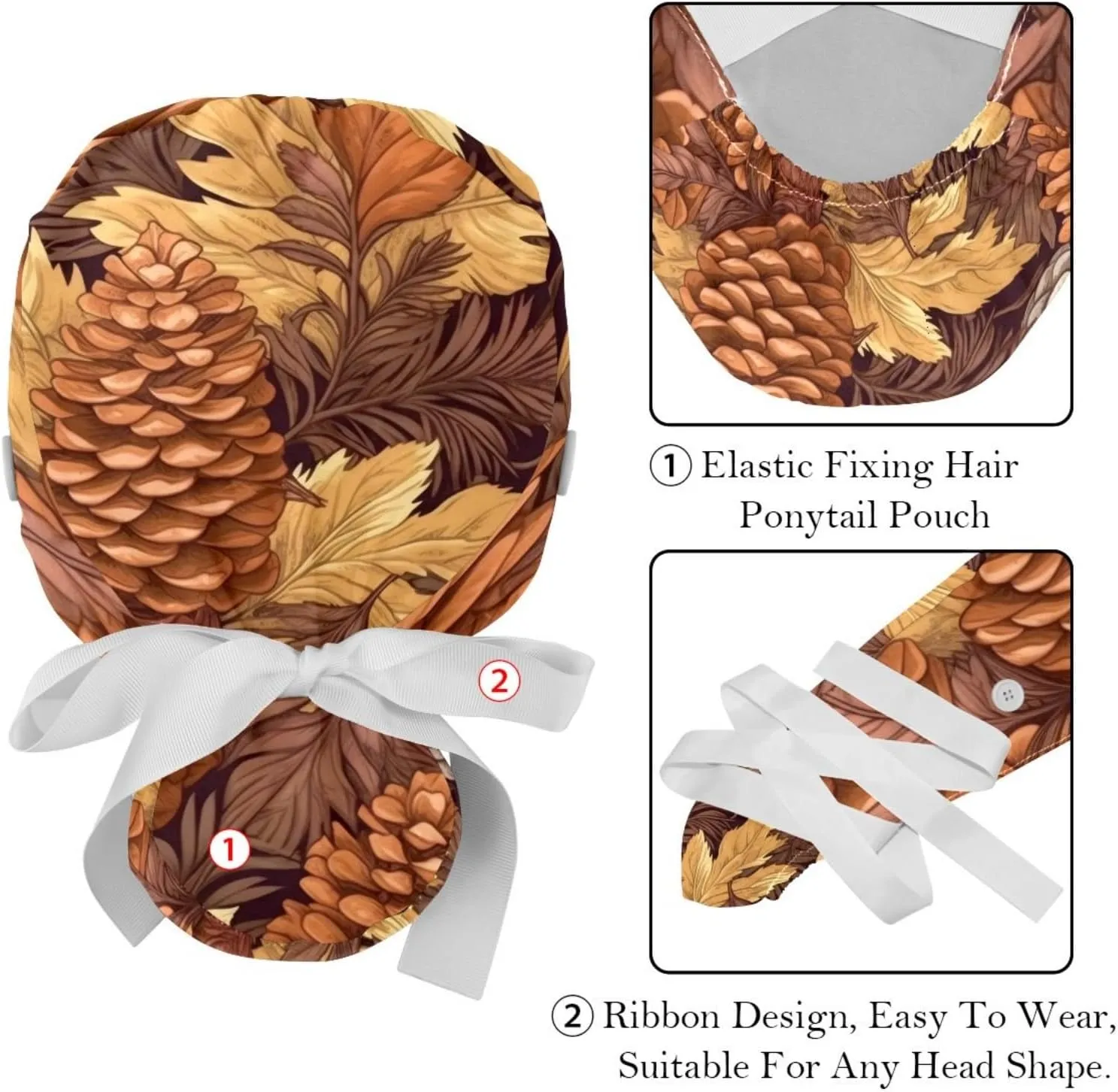Autumn Scenery Pattern Working Cap with Button Long Hair Adjustable Working Hat Ponytail Holder 2 Pcs Tie Back Hats