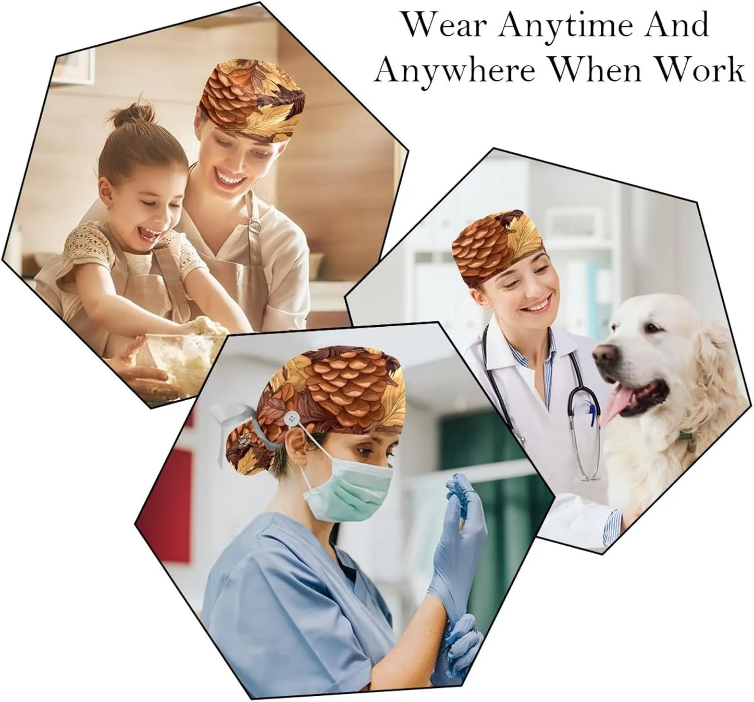 Autumn Scenery Pattern Working Cap with Button Long Hair Adjustable Working Hat Ponytail Holder 2 Pcs Tie Back Hats