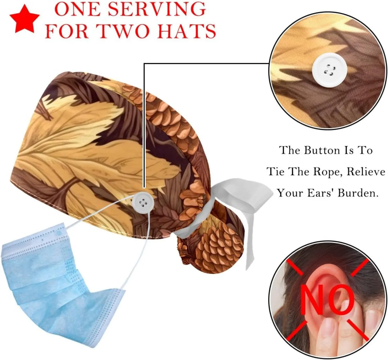 Autumn Scenery Pattern Working Cap with Button Long Hair Adjustable Working Hat Ponytail Holder 2 Pcs Tie Back Hats