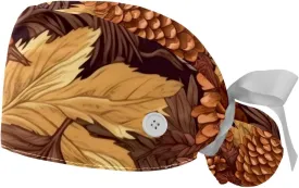 Autumn Scenery Pattern Working Cap with Button Long Hair Adjustable Working Hat Ponytail Holder 2 Pcs Tie Back Hats
