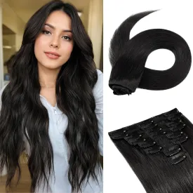 Benehair Clip in Hair Extensions Real Human Hair, Black Hair Extensions Clip in Human Hair for Women, Long Straight, Remy Natural, Full Head 8pcs 10inch #1B Jet Black