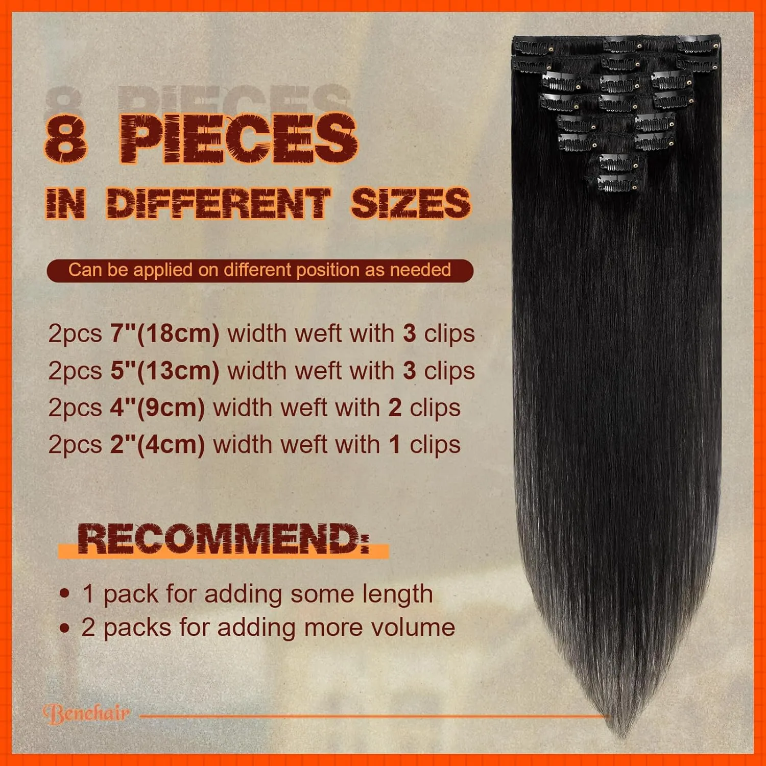 Benehair Clip in Hair Extensions Real Human Hair, Black Hair Extensions Clip in Human Hair for Women, Long Straight, Remy Natural, Full Head 8pcs 10inch #1B Jet Black