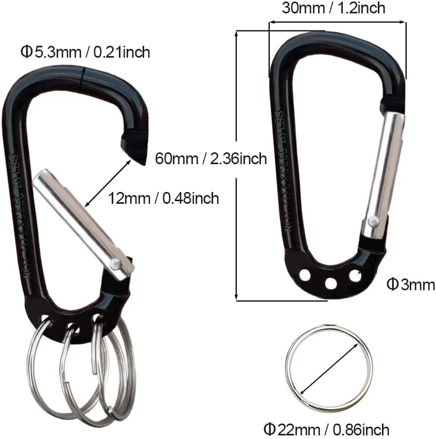 Carabiner Clip Keychain Aluminum Alloy D Shape Multifunction Clip Hook with 3 Key Rings 6 Pack