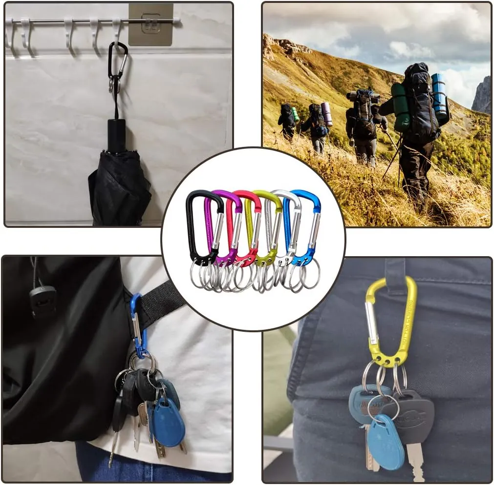 Carabiner Clip Keychain Aluminum Alloy D Shape Multifunction Clip Hook with 3 Key Rings 6 Pack
