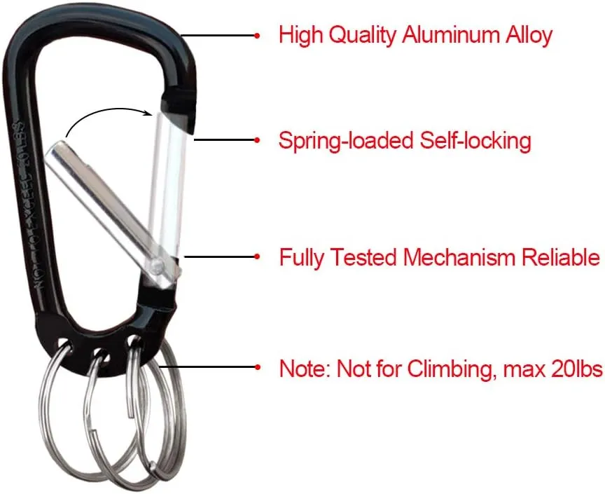 Carabiner Clip Keychain Aluminum Alloy D Shape Multifunction Clip Hook with 3 Key Rings 6 Pack