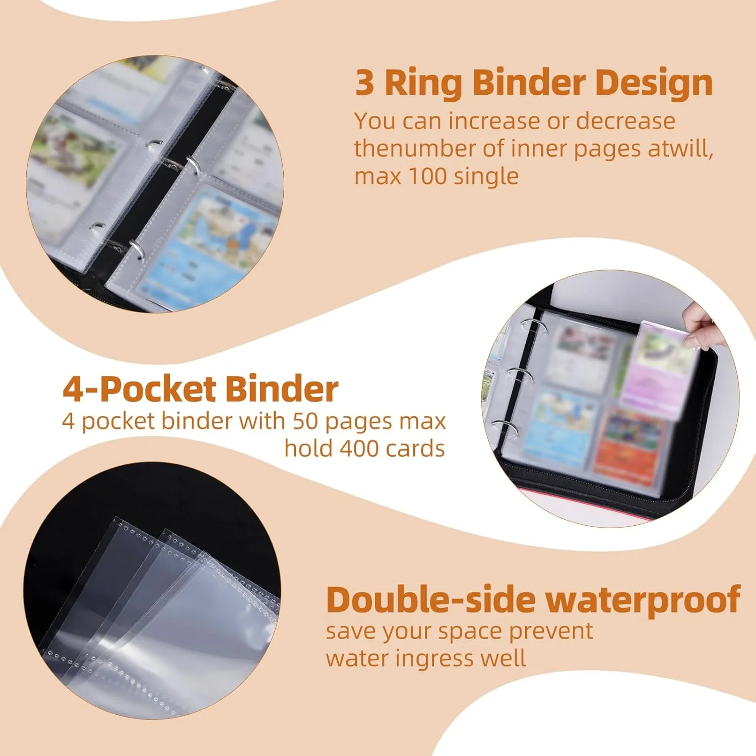 Card Binder 4 Pocket, Portable Collection Card Ablum,Trading Card Holder Fits 400 Cards With 50 Removable Sleeves, Game Sports Card with Photo Albums with Zipper for Gifts - Blue