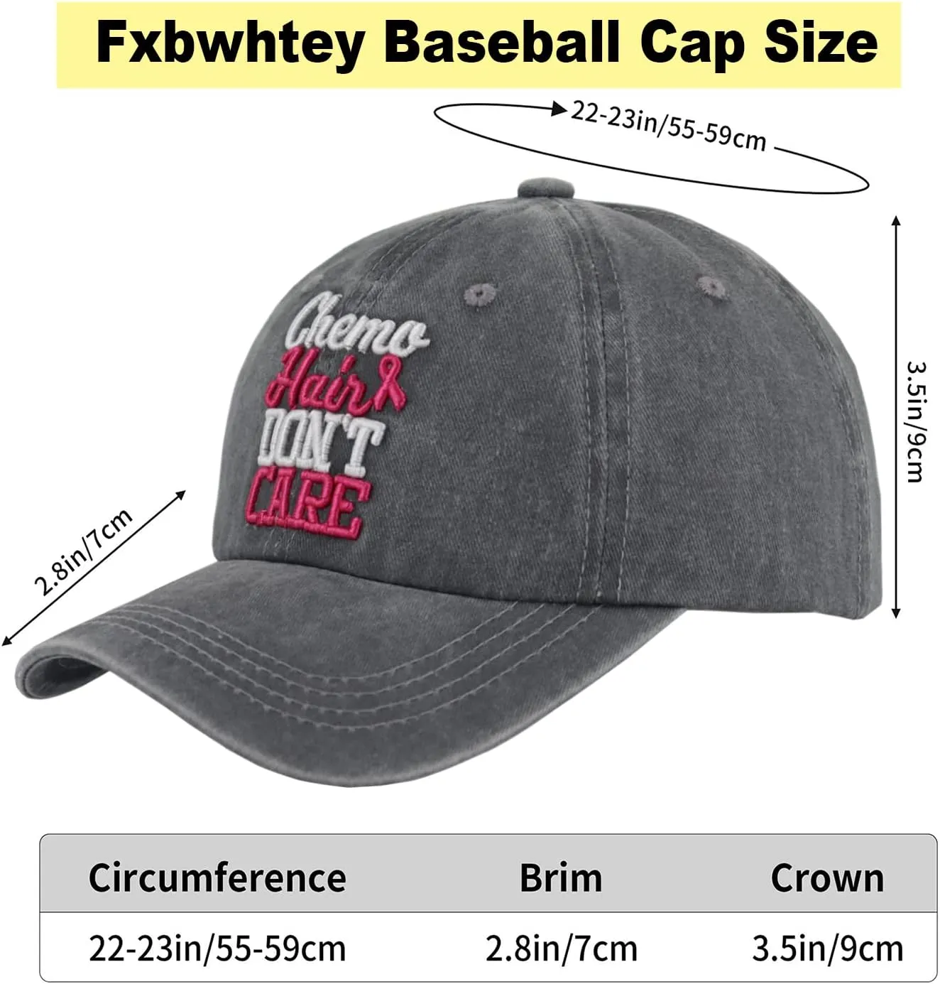 Chemo Hair Don't Care Baseball Cap for Men Women, Adjustable Washed Cotton 3D Embroidered Pink Ribbon Hat