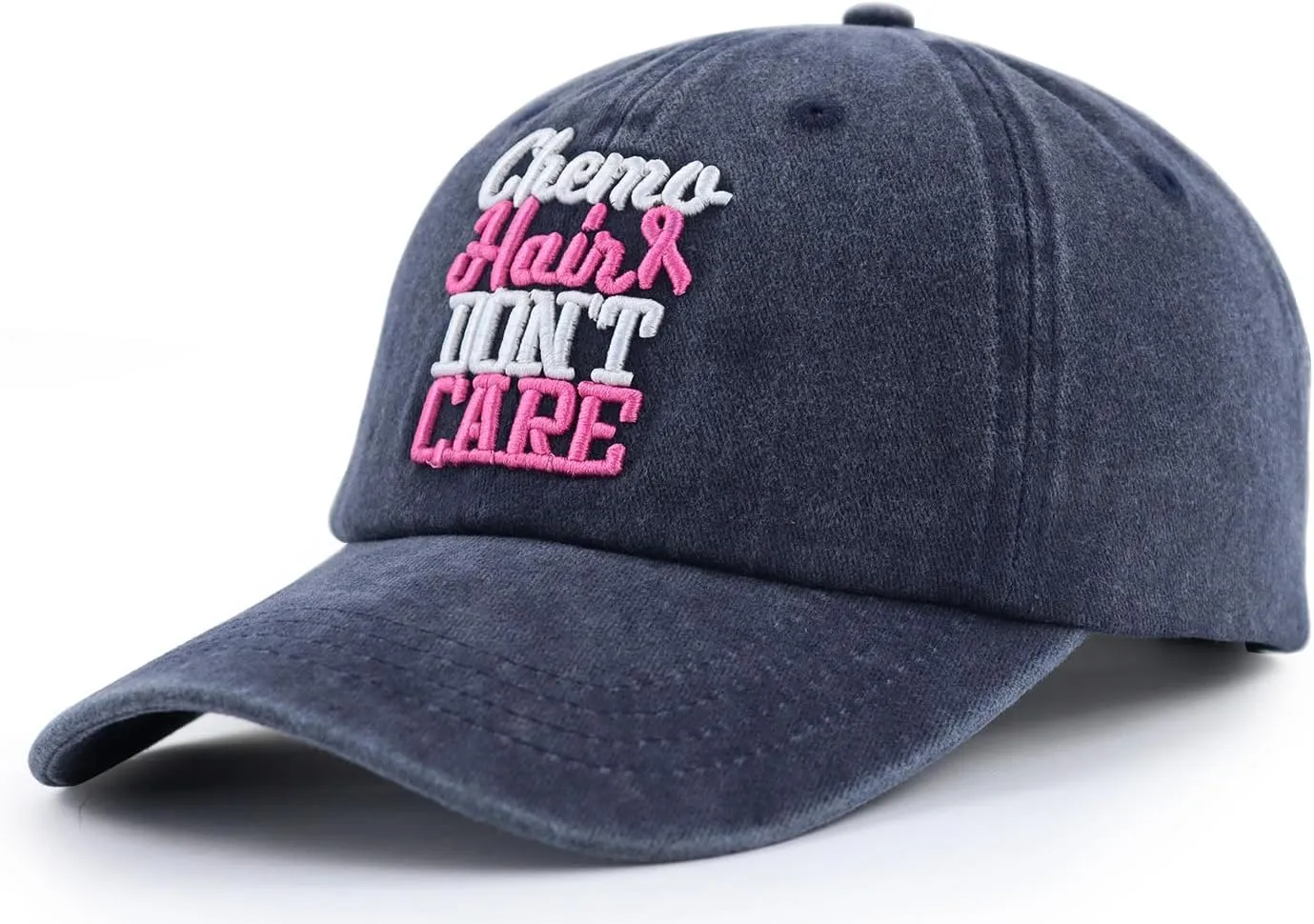 Chemo Hair Don't Care Baseball Cap for Men Women, Adjustable Washed Cotton 3D Embroidered Pink Ribbon Hat
