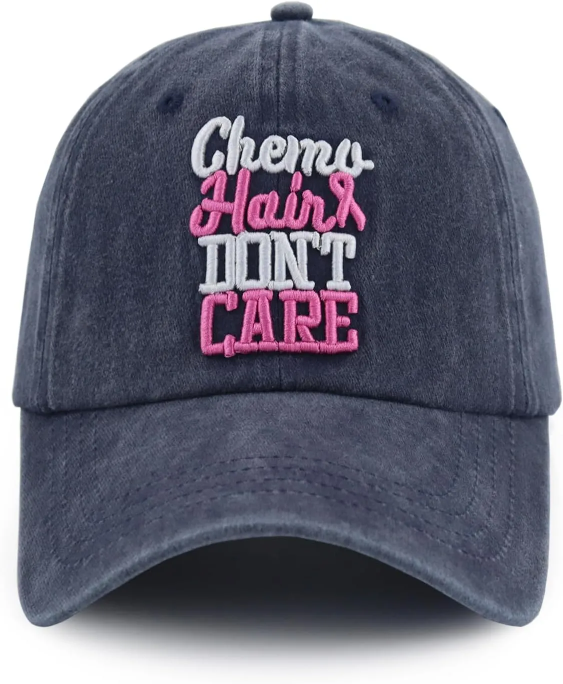 Chemo Hair Don't Care Baseball Cap for Men Women, Adjustable Washed Cotton 3D Embroidered Pink Ribbon Hat