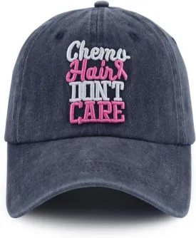 Chemo Hair Don't Care Baseball Cap for Men Women, Adjustable Washed Cotton 3D Embroidered Pink Ribbon Hat