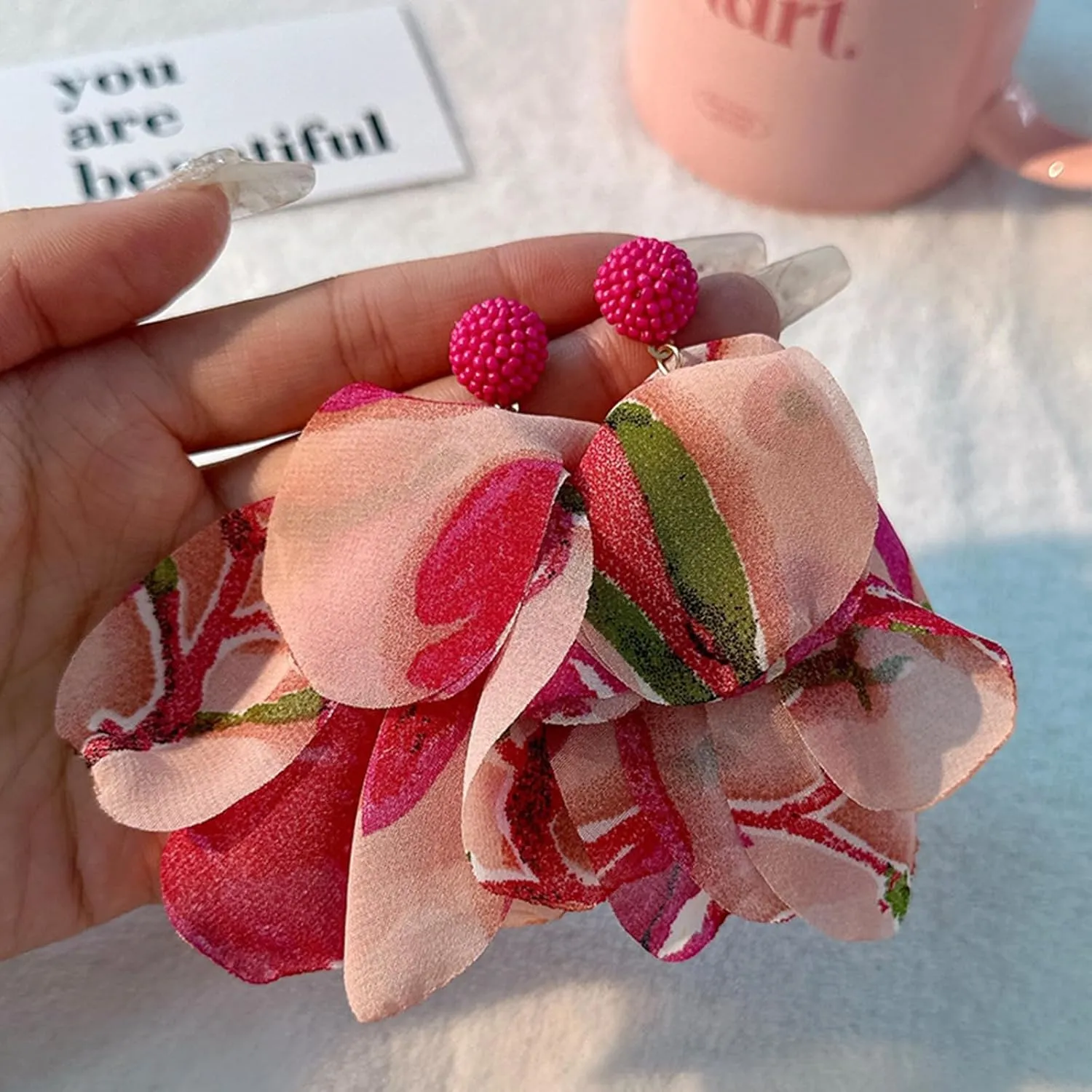 Chiffon Flower Earrings for Women Big Petal Dangle Floral Tassel Earrings Boho Jewelry for Vacation Wedding