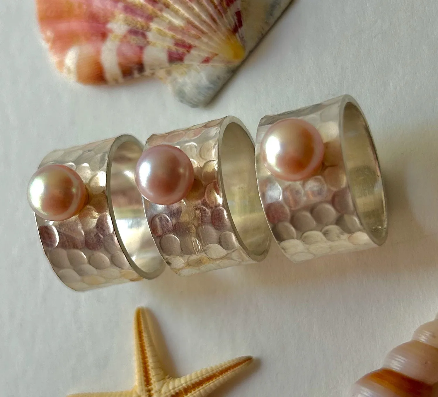 CHUNKY ROSE PINK BUTTON FRESHWATER PEARL STERLING SILVER RINGS