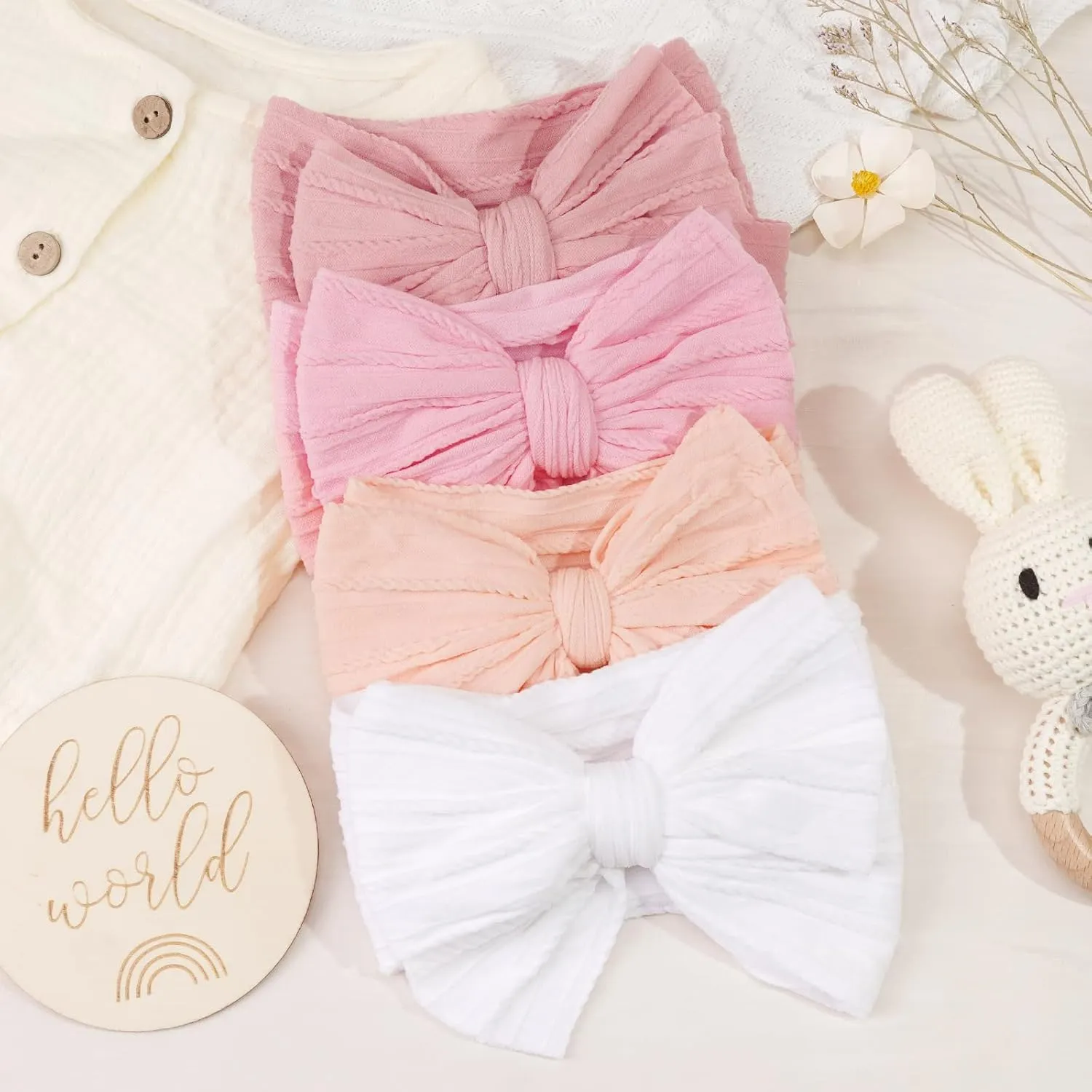 CLLOT 6 Pcs Super Stretchy Soft Handmade Headbands with Double Bows Head Wrap Nylon Hair Accessories For Newborn Baby Girls Infant Toddlers Kids(Pink)