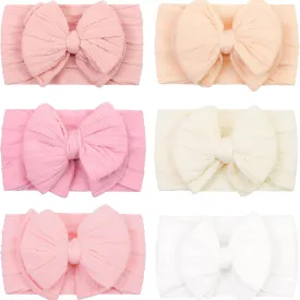 CLLOT 6 Pcs Super Stretchy Soft Handmade Headbands with Double Bows Head Wrap Nylon Hair Accessories For Newborn Baby Girls Infant Toddlers Kids(Pink)