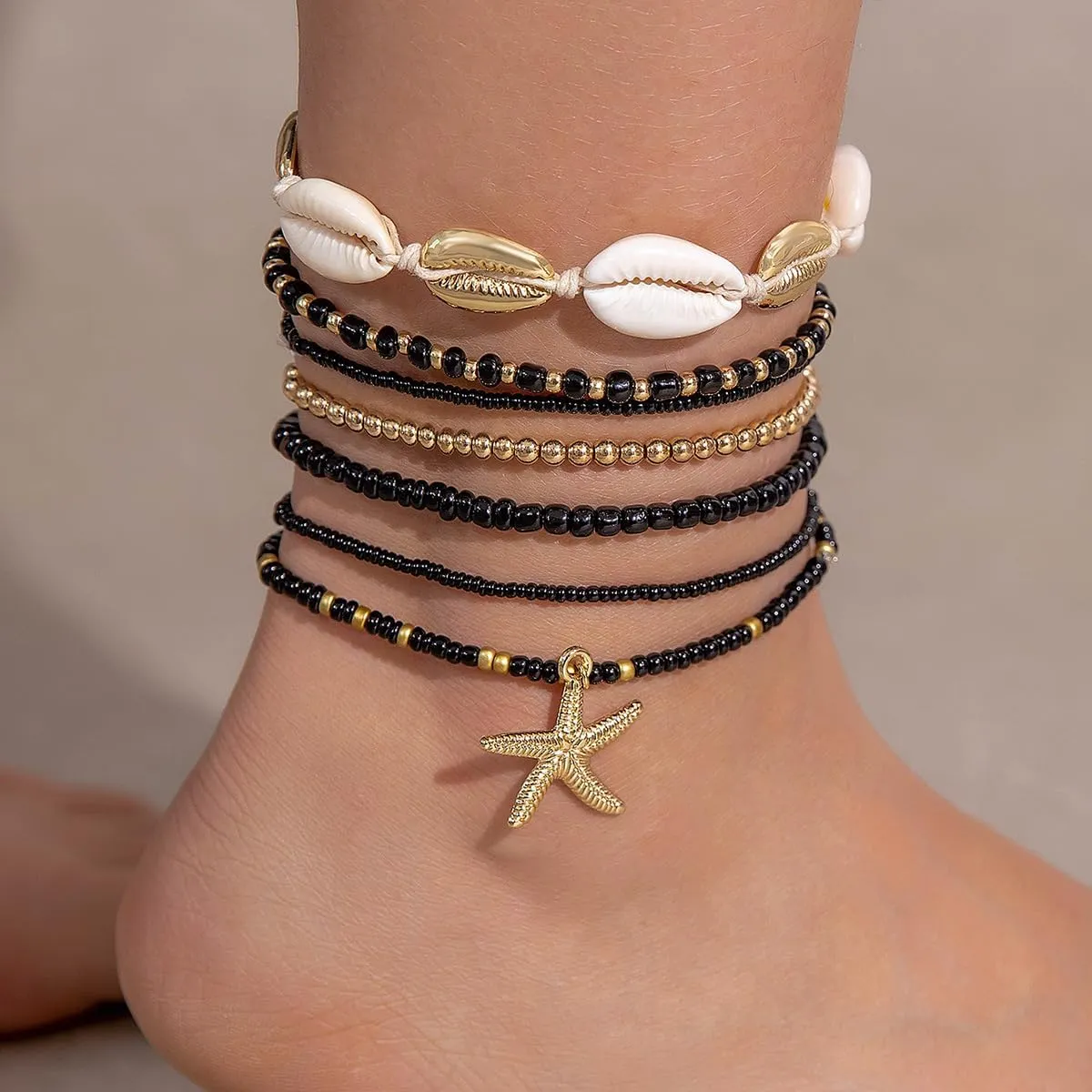 CSIYANJRY99 Shell Starfish Anklets Bracelet 7pcs Boho Seashell Beaded Anklet Hawaii Summer Beach Waterproof Surfer Starfish Anklets for Women