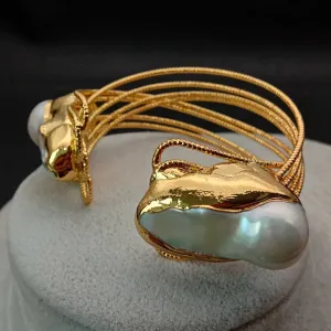 Cultured White Keshi Pearl Bangle  Gold color Plated Bracelet