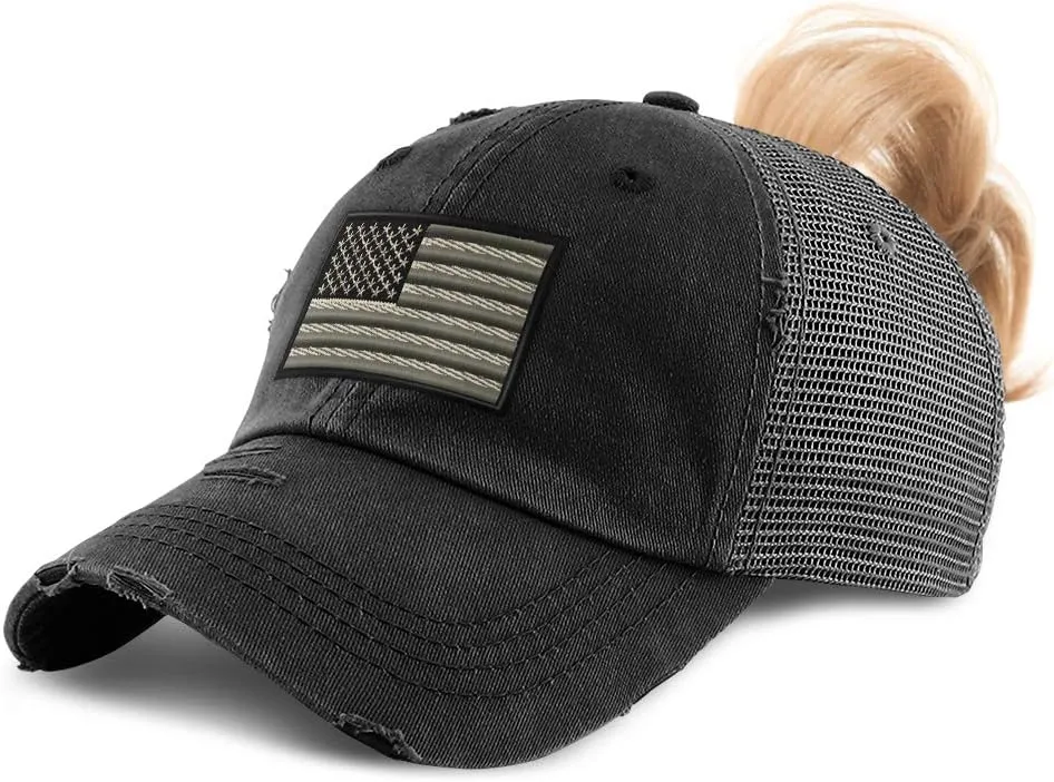 Custom Womens Ponytail Cap Black White American Flag Embroidery Cotton
