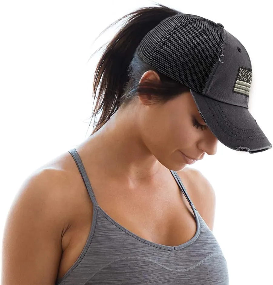 Custom Womens Ponytail Cap Black White American Flag Embroidery Cotton