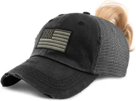 Custom Womens Ponytail Cap Black White American Flag Embroidery Cotton
