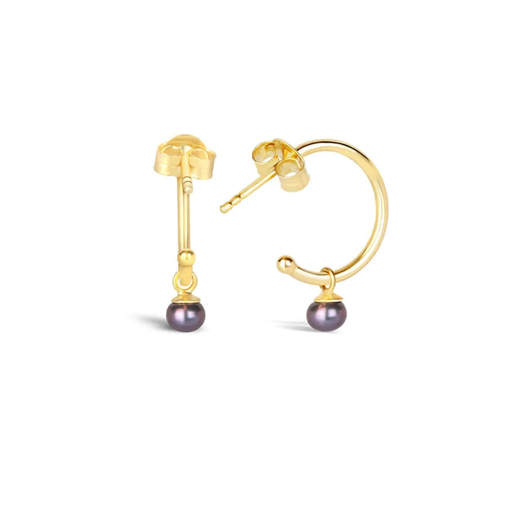 Dainty Pearl Drop Hoop Earrings | Midnight - Gold
