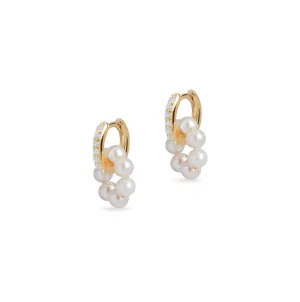 Diamond Huggies and Tiny Circle Pearl Charm Gold Earring Set
