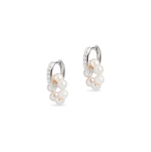 Diamond Huggies and Tiny Circle Pearl Charm Silver Earring Set