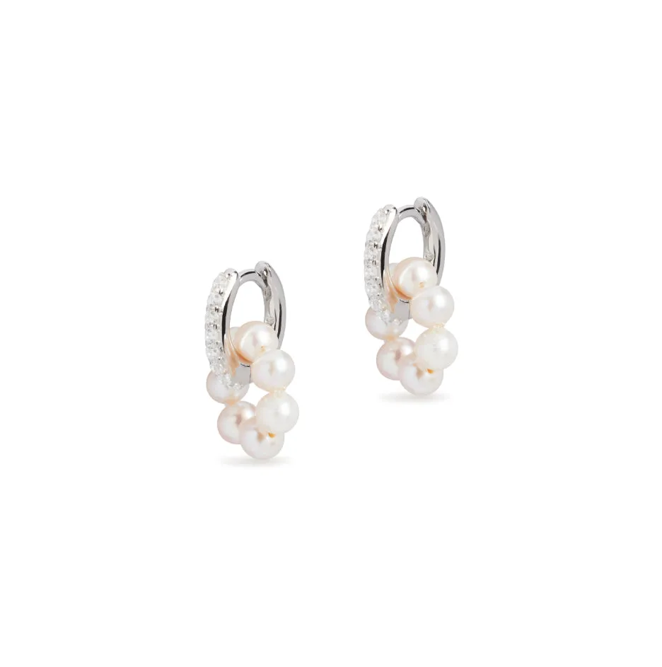 Diamond Huggies and Tiny Circle Pearl Charm Silver Earring Set