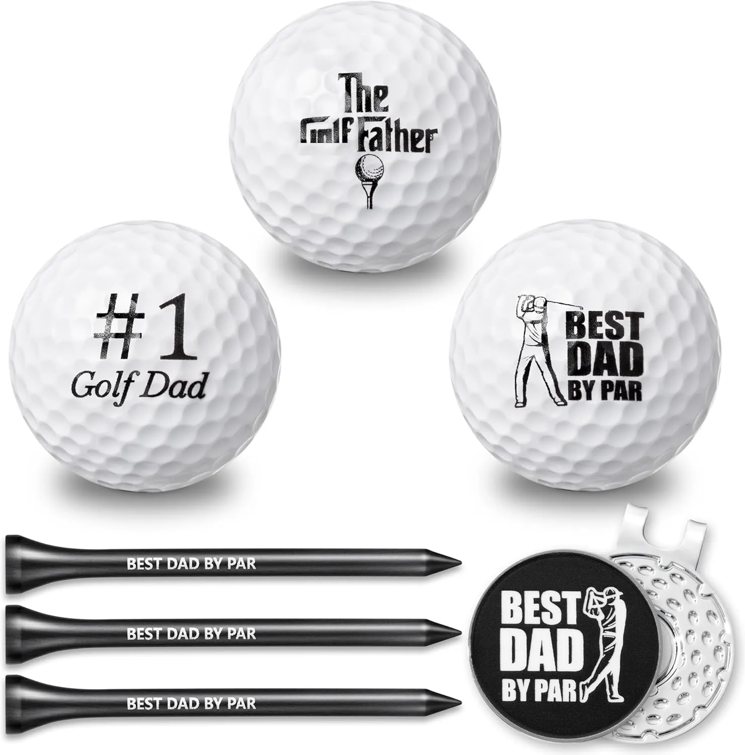 Funny Golf Gift Set - 7Pcs Golf Gather Humor Balls Best Dad By Par Magnetic Marker Hat Clip Wooden Tee Accessories, Happy Fathers Day Personalized Novelty Golfer Lovers Gifts for Dad Grandpa