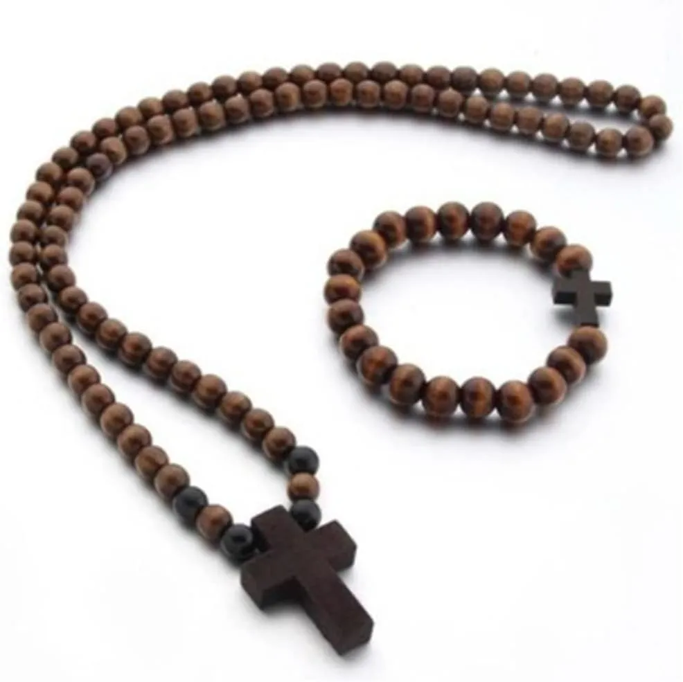 Fuqimanman2020 Classic Natural Wooden Bead Rosary Cross Pendant Necklace Bracelet Set Handmade Christian Cross Prayer Jewelry for Women Men