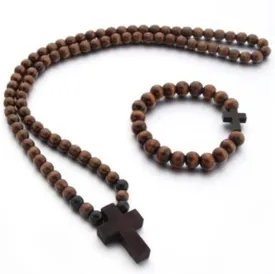 Fuqimanman2020 Classic Natural Wooden Bead Rosary Cross Pendant Necklace Bracelet Set Handmade Christian Cross Prayer Jewelry for Women Men