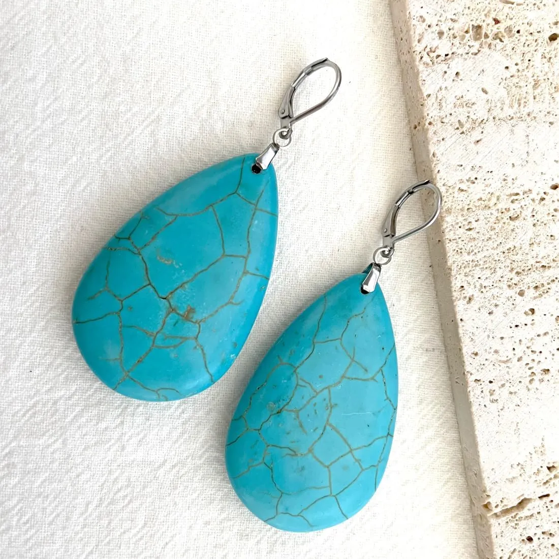 HAIXIAN Big Waterdrop Turquoise Stone Dangle Earrings,Simple Single Gemstone Western Earrings for Women