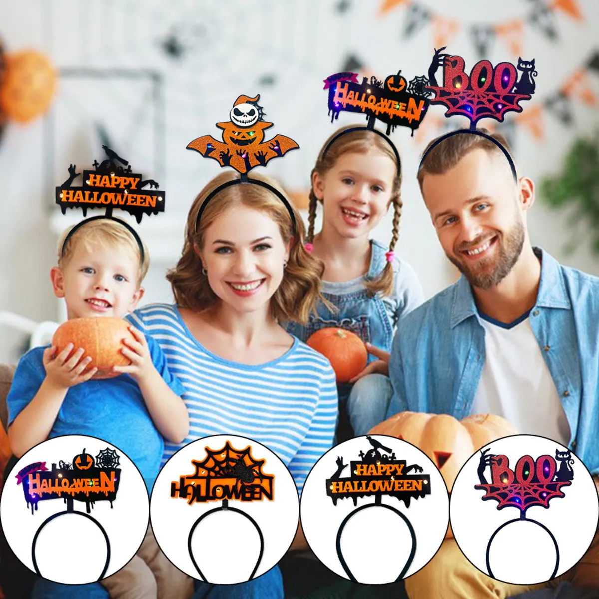 Halloween Headbands - LED Light-Up costume Party Accessories Pumpkin, Graveyard, Dripping Horror, and Spider Web Themes (Pumpkin Spider Web)