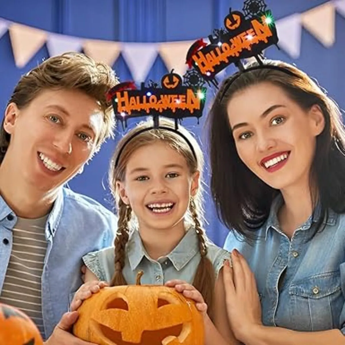 Halloween Headbands - LED Light-Up costume Party Accessories Pumpkin, Graveyard, Dripping Horror, and Spider Web Themes (Pumpkin Spider Web)