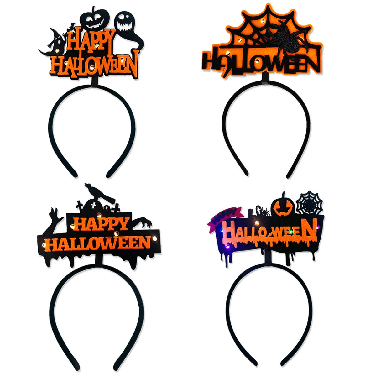 Halloween Headbands - LED Light-Up costume Party Accessories Pumpkin, Graveyard, Dripping Horror, and Spider Web Themes (Pumpkin Spider Web)