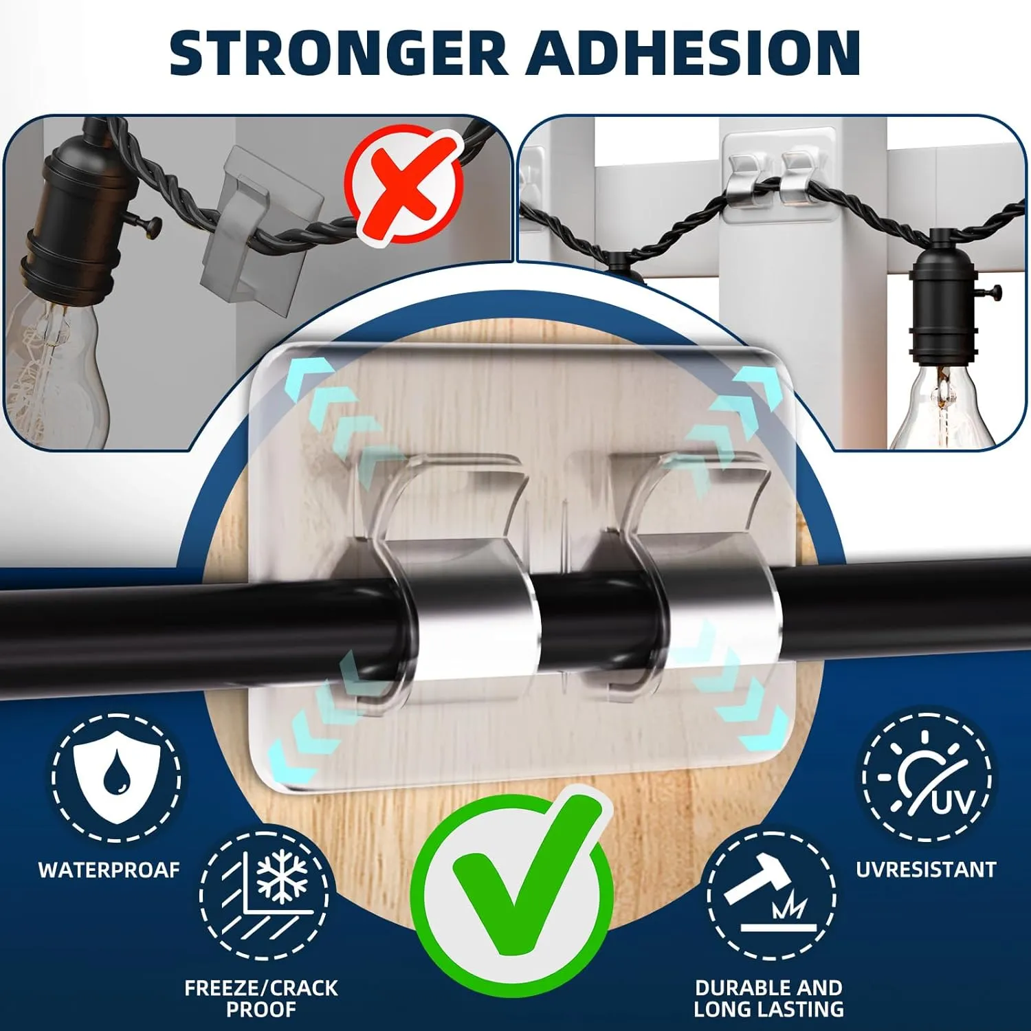 Hooks for Outdoor String Lights Clips: 54Pcs Heavy Duty Cable Clips with Waterproof Adhesive Strips for Hanging Christmas Light - Outside UV-Resistant Clear Sticky Cord Holders Rope Organizer
