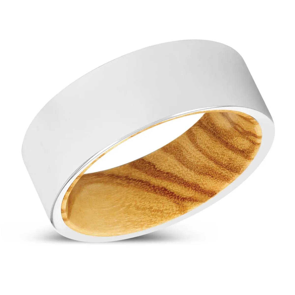 JIMMIE | Olive Wood, Silver Tungsten Ring, Shiny, Flat