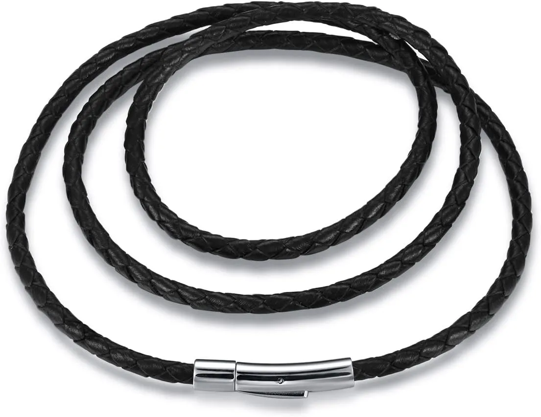 jonline24h Mens Womens Black Braided Leather Cord Rope Necklace Chain Stainless Steel Clasp 4mm 14-30inch