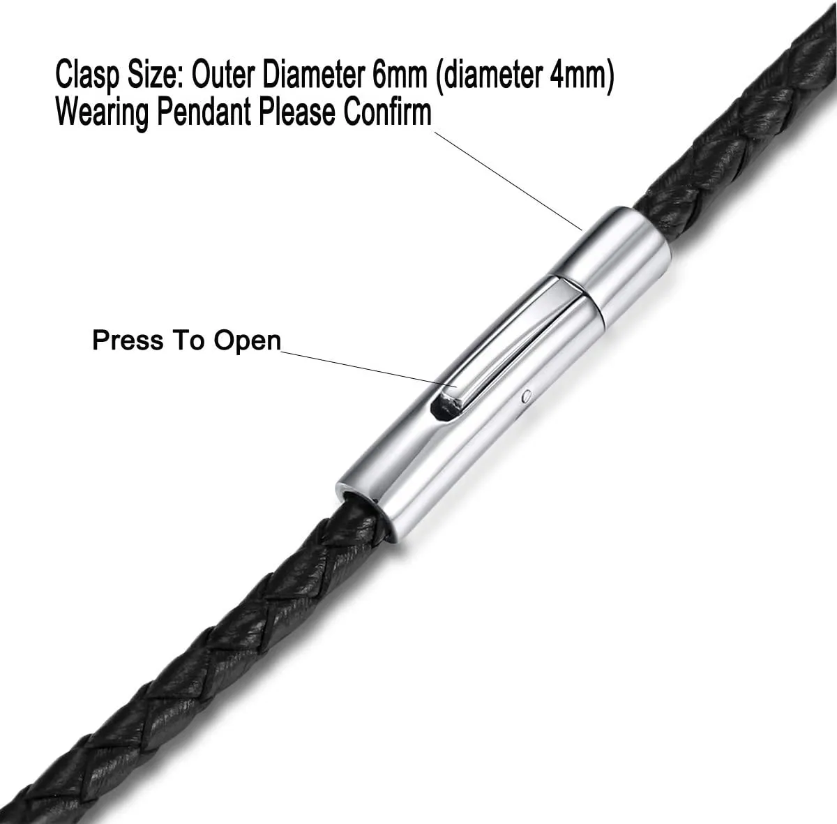 jonline24h Mens Womens Black Braided Leather Cord Rope Necklace Chain Stainless Steel Clasp 4mm 14-30inch