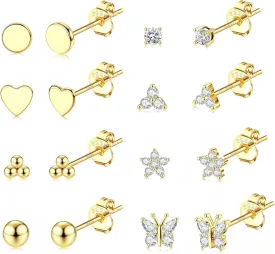 Jstyle 8 Pairs Sterling Silver Stud Earrings for Women, 14K Gold Plated Heart Flower Butterfly Tiny Stud Earrings Set for Multiple Piercing, Hypoallergenic Small Cubic Zirconia Studs Earrings, Dainty Earrings for Women
