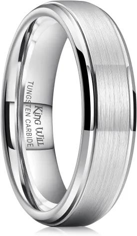 King Will Basic Tungsten Wedding Band for Men 6mm 7mm 8mm 9mm 10mm Silver Black Gunmental Blue Tungsten Rings Matte Brushed Finish Polished Step Edge Comfort Fit